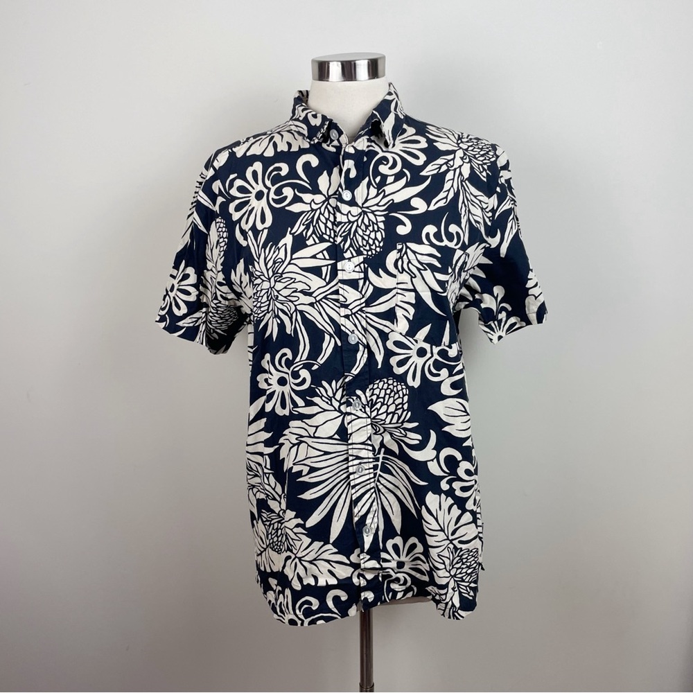 Birdwell Beach Britches Navy Blue White Floral Tropical Button Down Shirt Medium